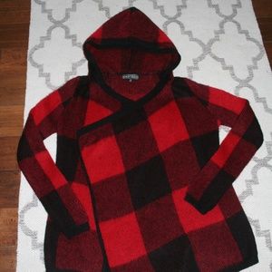 Hooded Buffalo Print Wrap Sweater